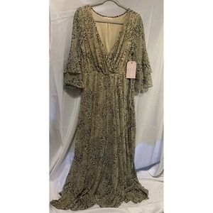 Une Ame Gold animal print tie waist maxi dress ruffle sleeves Extra large